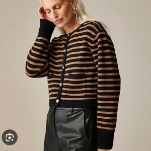 J Crew relaxed Emilie sweater lady jacket in stripe Camel Black Gold Button Sz L